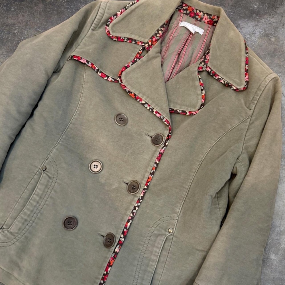 Vintage Janeville Olive Green Floral Trim Quilted Lined Peacoat Women's Medium